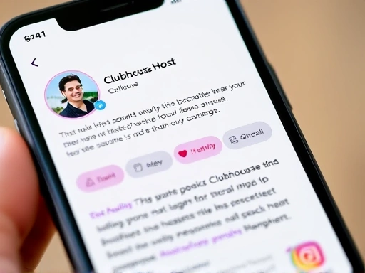 A close-up of a Clubhouse host's phone screen showing a perfectly optimized profile with clear bio and linked social media, indicating readiness for sponsorships.