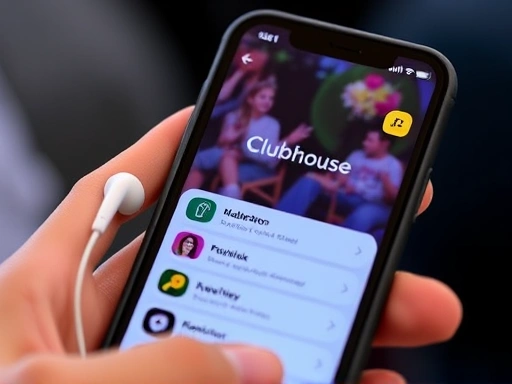 A close-up shot of a smartphone screen displaying the Clubhouse app interface, with a hand holding the phone, an earbud visible, and a subtle icon representing a moderator's tools, indicating active event management and engagement.