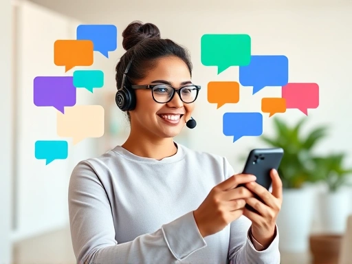 A confident person with a headset, actively moderating a virtual event on a mobile phone, surrounded by diverse speech bubbles, symbolizing a vibrant online discussion. The background is a minimalist, modern room with soft, warm lighting.