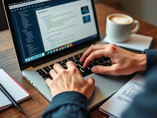 Close-up of hands typing on a laptop keyboard, with a mentorship platform interface visible on the screen. The scene includes a cup of coffee and a notebook with technical notes, emphasizing focus and collaborative problem-solving in a coding mentoring context. SEO keywords: coding mentoring, remote work, online platform, side income, professional development.