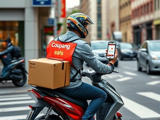 A busy delivery partner on a scooter, wearing a Coupang Eats uniform, navigating a city street during peak hours, with a smartphone displaying a delivery app, emphasizing efficiency and speed.