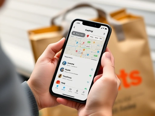 Close-up of a delivery partner's hand holding a smartphone showing a detailed map and order list on the Coupang Eats app, with a background of a delivery bag, emphasizing route optimization and order management.