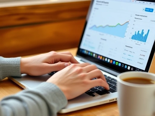 Close-up of a person's hands typing on a laptop, with a focus on the Coupang Partners analytics screen showing graphs and data, suggesting optimization and analysis. Includes a coffee cup nearby.
