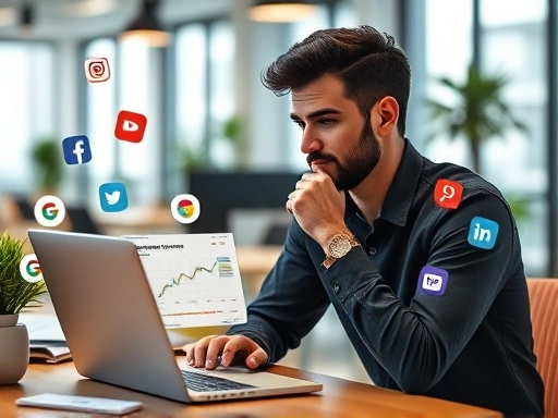 A person thoughtfully planning their online marketing strategy, surrounded by a laptop with Coupang Partners dashboard and various social media icons, in a modern, well-lit office setting. Focus on productivity and strategic thinking.
