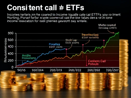 A detailed illustration of a financial chart showing income streams from covered call ETFs, with graphs depicting premium generation and stable monthly payouts, set against a backdrop of a growing investment portfolio. Focus on the concept of consistent income.