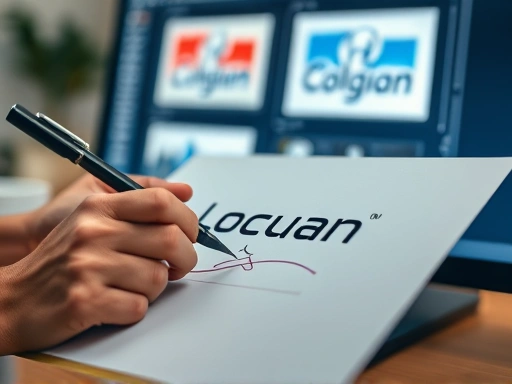 A close-up shot of a hand sketching a logo concept on paper, with a blurred background showing a digital design on a monitor. Emphasizes the creative process of logo design. Key SEO words: logo design, sketching, creative process, hand. 