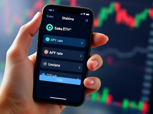 Close-up view of a hand holding a smartphone displaying a cryptocurrency staking application interface, showing various options like 