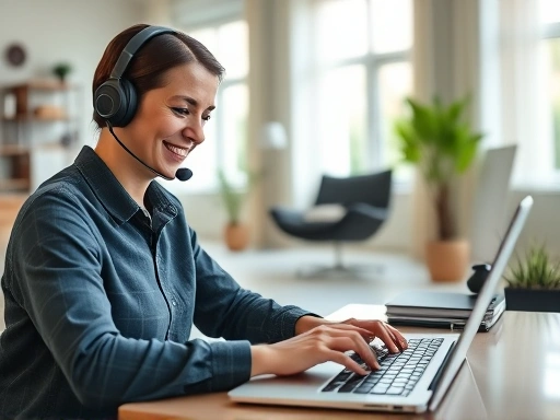 A person wearing a headset, smiling and typing on a laptop in a modern, well-lit home office, symbolizing effective remote customer service and a professional work environment. Focus on productivity and comfort for remote customer support.