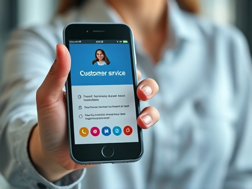 Close-up shot of a hand holding a smartphone with a customer service app interface, illustrating seamless digital communication for remote customer support and problem-solving. Emphasize efficient digital interaction in a professional setting.