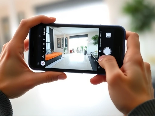 A close-up of a hand taking a high-quality photo of a used item with a smartphone, preparing it for listing on a well-lit background, emphasizing optimal listing strategies.