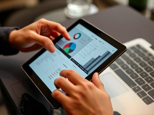 A close-up shot of hands using a tablet or laptop, showcasing data analysis tools and platforms, with a focus on client acquisition strategies for a consulting side hustle. Emphasize digital interaction and networking.