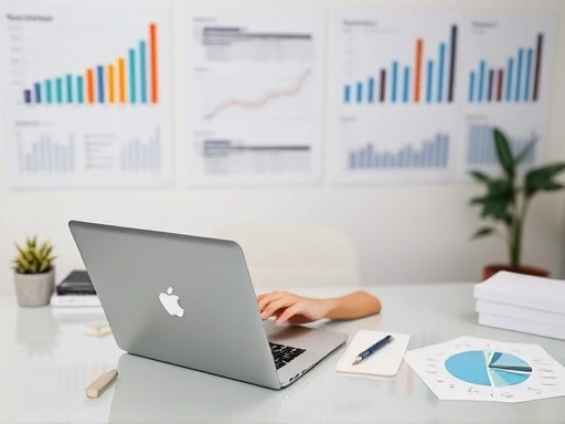 A professional data analyst working on a laptop, surrounded by abstract data visualizations and graphs, symbolizing the process of setting up a data analysis consulting side hustle. Focus on a clear desk with a clean, modern aesthetic.