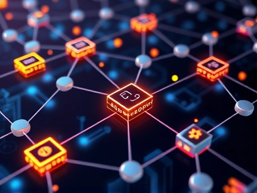 A detailed illustration of a blockchain network, showing interconnected nodes, smart contracts represented as glowing code blocks, and decentralized finance (DeFi) symbols like coins and charts, emphasizing connectivity and innovation.