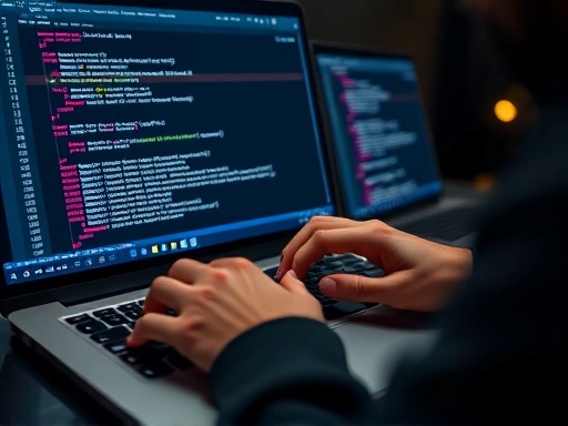 A close-up shot of a developer's hands coding on a laptop, with a screen displaying Solidity smart contract code and blockchain development tools, reflecting focus and expertise in Web3 development.