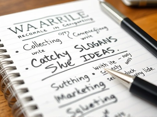 A close-up shot of a notepad filled with handwritten catchy slogans and marketing ideas, alongside a pen, illustrating the detail-oriented and creative process of ad copy generation.