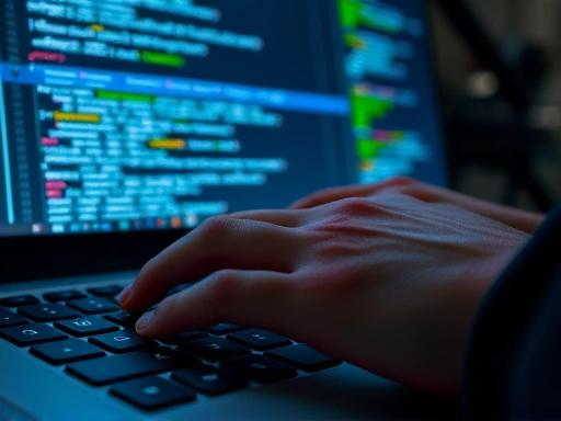 Close-up shot of a developer's hands typing on a keyboard with code visible on screen, showcasing the intricate details of API integration and debugging processes, emphasizing precision and expertise.