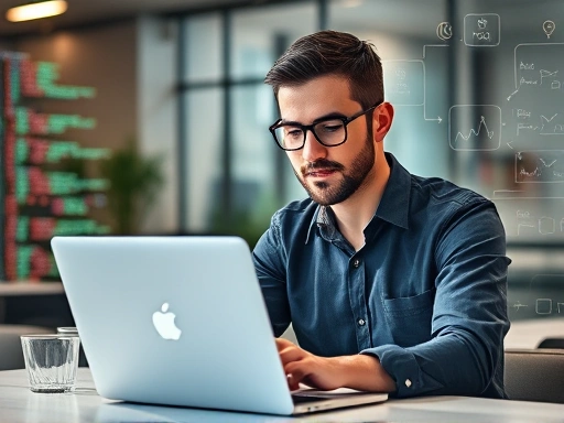 A professional male developer working on a laptop, surrounded by lines of code and diagrams, representing API development, with a focused and innovative expression, in a modern tech office setting.