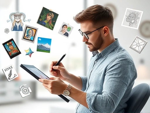 A digital artist using a tablet to draw intricate art, surrounded by floating digital art pieces, representing creation and sales. Bright and inviting, with a modern, clean aesthetic. Focus on technology and creativity.