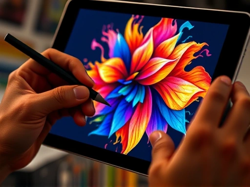 Close-up of a tablet screen displaying a vibrant digital art piece, with hands holding a stylus, illustrating the precision and detail of digital drawing. Emphasize the artistic process and technology.