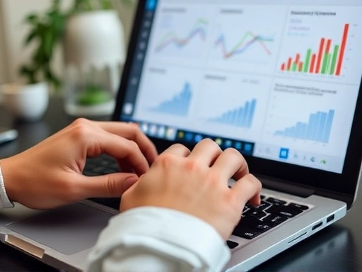 A close-up shot of a person's hands typing on a laptop keyboard, with graphs and affiliate links visible on the screen, symbolizing the process of online content creation and digital marketing. Focus on the interaction with the device and the visual data representation.