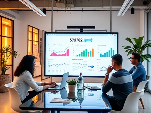 A vibrant, modern office environment with a diverse team collaborating around a large screen displaying digital marketing analytics dashboards, showing growth and innovation in the tech sector.