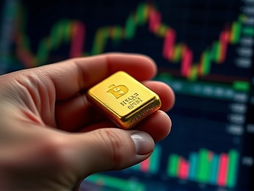 A detailed close-up of a hand holding a small gold bar, with blurred financial charts in the background, representing tangible asset security amidst economic uncertainty.