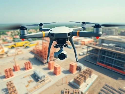 A high-angle, wide shot of a construction site with a drone equipped with a LiDAR sensor flying overhead, capturing detailed 3D data for a side hustle.