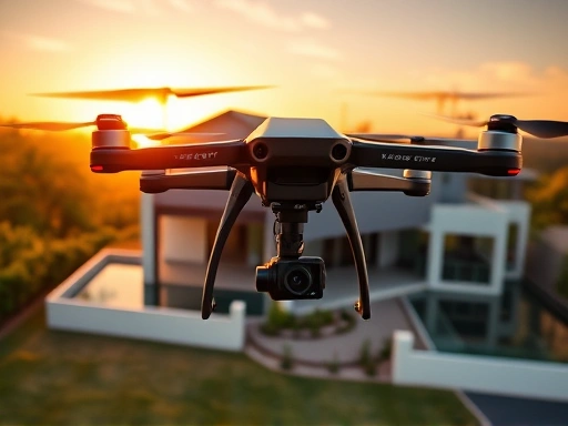A professional drone pilot capturing an elegant, modern house from an aerial perspective at golden hour, showcasing the property and its surroundings with a high-quality camera. The scene is well-lit and serene, emphasizing precision and professionalism. Keywords: drone, real estate, photography, side hustle, golden hour, modern house, professional.