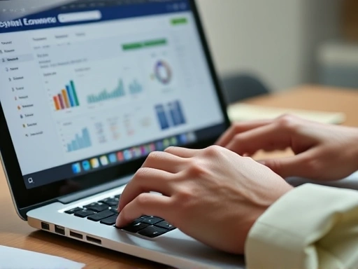 A close-up shot of hands typing on a laptop keyboard, focused on an e-commerce platform interface with sales data and customer reviews visible, illustrating detailed operational work and strategic planning.