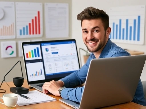 A confident freelancer working on a laptop with Facebook Ads Manager on screen, surrounded by graphs and charts, representing a successful marketing side hustle.