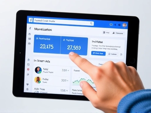 A close-up of a hand pointing at a Facebook Creator Studio dashboard on a tablet, showing 