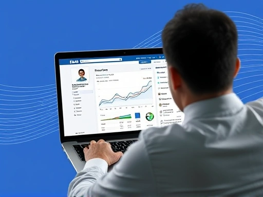 A person looking at a laptop screen with Facebook page analytics and revenue charts, dynamic lines, simple, clean design, digital interface, focusing on ad revenue generation.