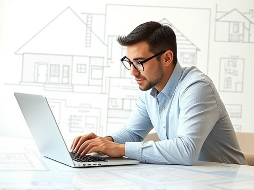 A professional freelance architectural CAD drafter focused on a laptop screen, with architectural blueprints subtly visible in the background, conveying expertise and precision.