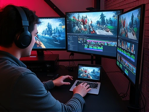 A professional video editor working on a gaming highlight reel, with multiple screens displaying game footage and editing software interface. The scene is dynamic, showing concentration and technological prowess.