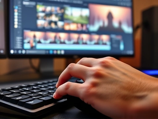 A close-up shot of hands on a keyboard and mouse, with a gaming highlight video timeline clearly visible on the monitor in the background, illustrating the intricate details of video editing for streamers.