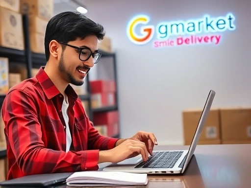 A professional e-commerce seller actively managing inventory and reviewing sales data on a laptop, with Gmarket Smile Delivery branding subtly in the background, conveying efficiency and success in online sales.