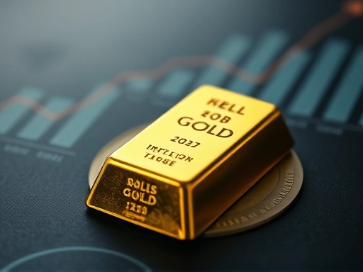 A close-up shot of a shining gold bar resting on a secure, dark background, symbolizing wealth preservation and inflation hedge, with a subtle upward trend graph in the background, professional and high-quality lighting.