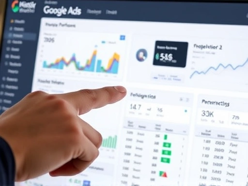 Close-up of a hand pointing at a dashboard displaying Google Ads performance metrics, illustrating effective Google Ads commission tracking and campaign optimization.
