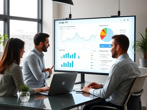 A professional marketing agency team collaborating in a modern office, reviewing Google Ads data on a large screen, focusing on their successful Google Ads agency and commission strategies.