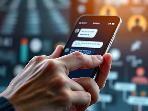 Close-up of a hand interacting with a smartphone displaying a sleek chatbot interface, with abstract data flowing in the background, representing seamless customer service and automated processes at a detailed level.