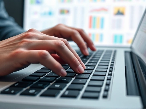 A detailed close-up shot of hands working on a keyboard, with blurred spreadsheets and data visualizations in the background, illustrating meticulous IT service support and data management tasks.