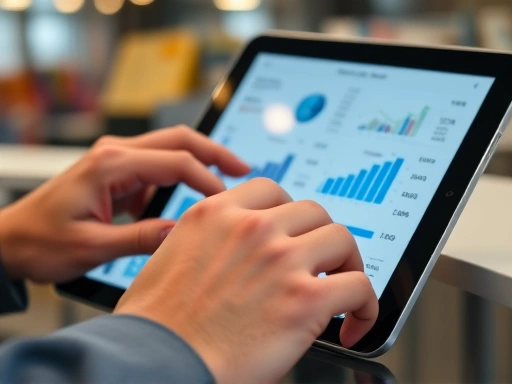 Close-up on a person's hands efficiently managing an online store on a tablet, with graphs and product listings visible, symbolizing successful operation strategies for a Hi-Mart online partner, showing attention to detail.