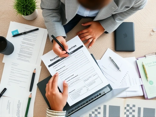 A detailed top-down view of a modern business owner filling out online registration forms on a laptop, surrounded by business documents and a Hi-Mart logo subtly in the background, focusing on the steps of becoming an online partner.