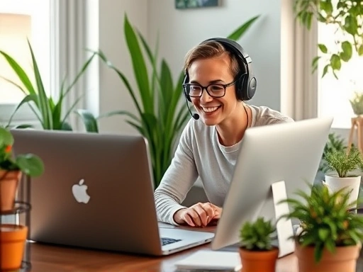 A person with headphones happily working on a laptop at a home desk, surrounded by plants and a cozy atmosphere. The scene should convey productivity and comfort, with a soft, natural light, focusing on the individual and their computer. Keywords: remote work, online side hustle, home office.
