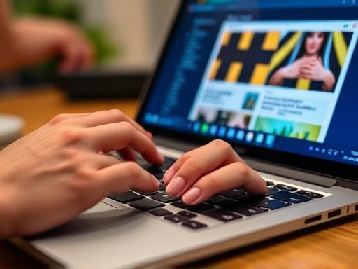 Close-up of hands typing on a modern laptop keyboard, with blurred background showing a vibrant web design or a creative writing document on the screen. The focus is on the action of creation and productivity, highlighting the digital aspect of home-based work. Keywords: digital creation, typing, remote income.