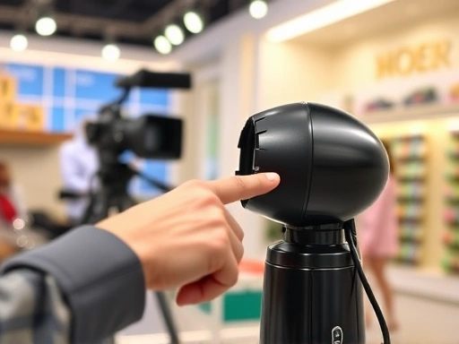 Close-up of a product being demonstrated live in a bright home shopping studio, with lights, cameras, and a show host's hand pointing to the product features.