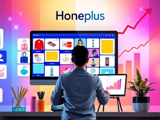 A vibrant image showing various products on a digital display, with a person successfully managing online sales, surrounded by analytics charts and a Homeplus logo in the background, conveying success and e-commerce growth for homeplus online seller.