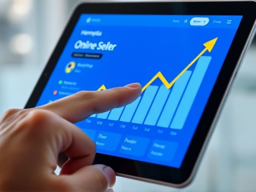 A close-up shot of a hand tapping on a tablet screen, displaying a Homeplus online seller portal interface with an upward trend graph, symbolizing successful sales management and strategic growth in homeplus online selling.