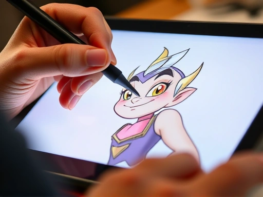 Close-up of an illustrator's hand holding a stylus, drawing a vibrant, expressive character on a digital tablet screen. The focus is on the intricate details of the character's face and costume, showcasing the artistic skill involved in character design and the creative process.