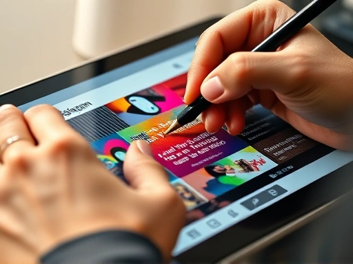 Close-up of a designer's hand using a digital pen on a tablet, showcasing the detailed creative process of crafting an engaging Instagram ad layout with vibrant colors and typography.